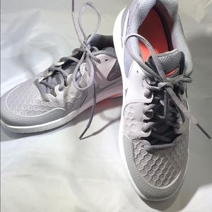 pink and grey tennis shoes
